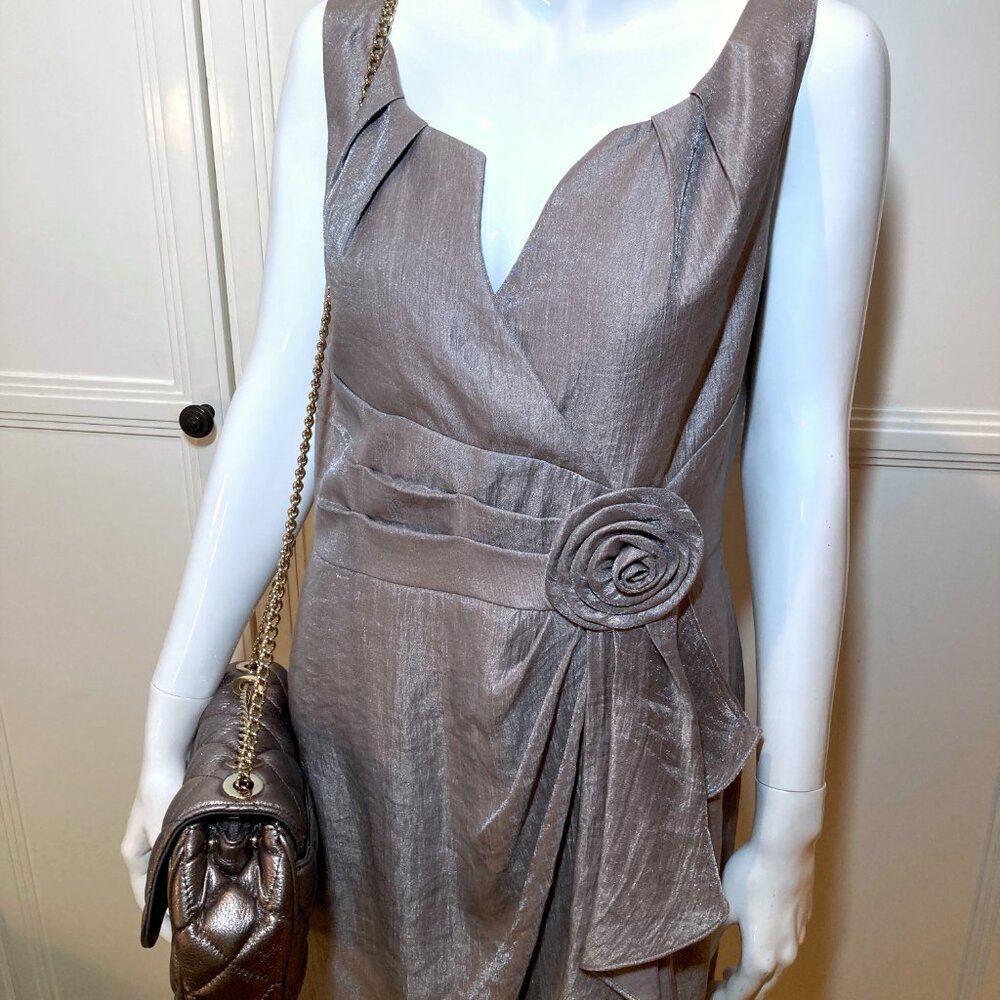 Adrianna Papell Sleeveless Cocktail Dress Size 12 Silver Tan Floral Detail